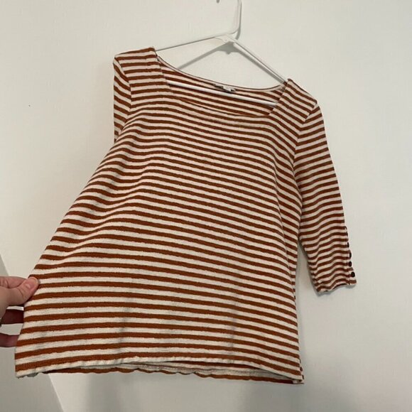J. JILL Striped Square Neck Top Brown Cream ish 3/4 Sleeve 100% Cotton PETITE M - Picture 10 of 14